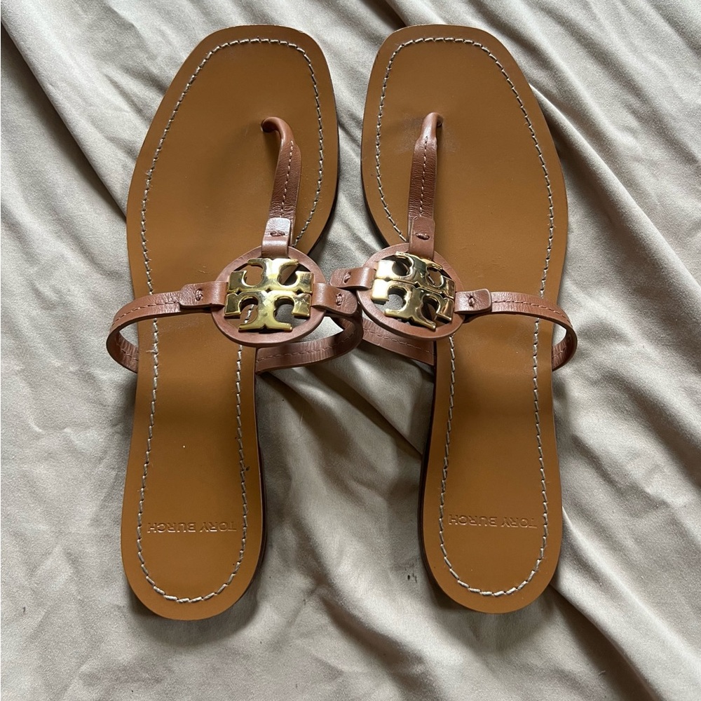Tory Burch Tan Leather Sandals with Gold Accent